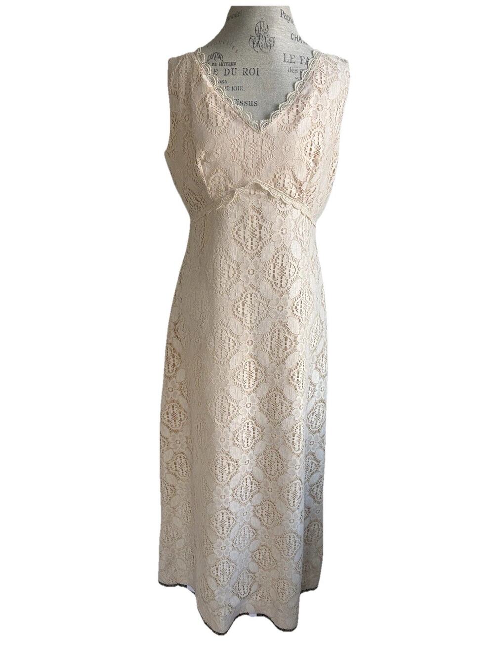 VTG Handmade Ivory Lace Bridal Wedding Maxi Dress M Sleeveless V-Neck Boho